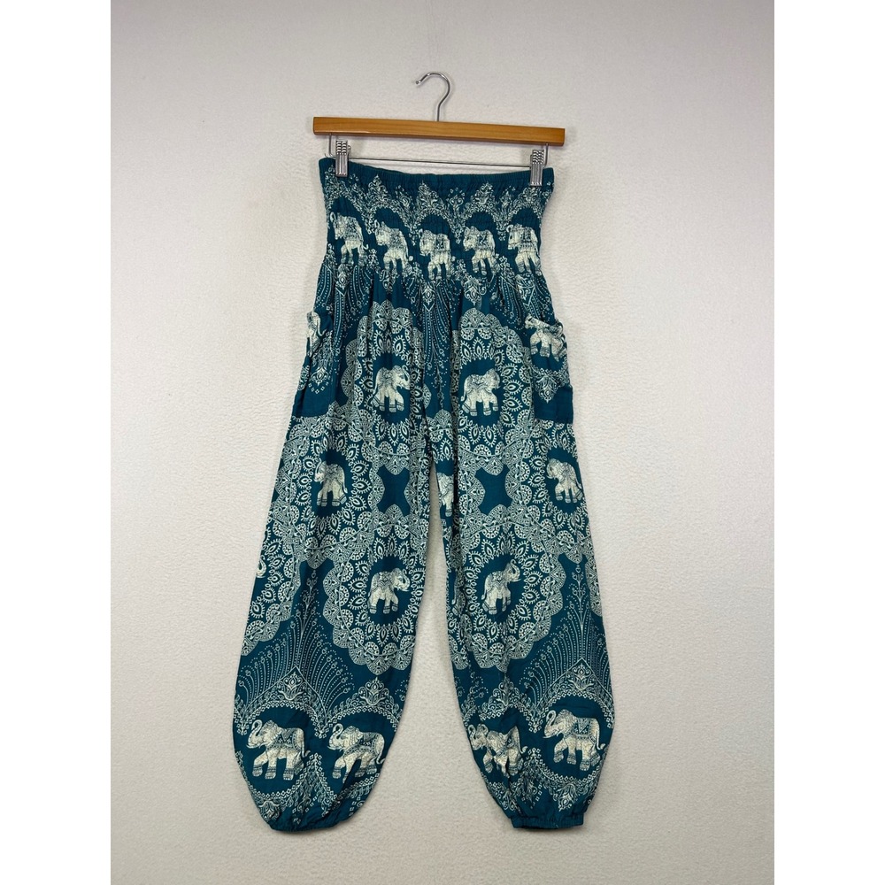 Boho Hippie Advance Womens One Size Teal Elephant Print Smocked Harem Pants